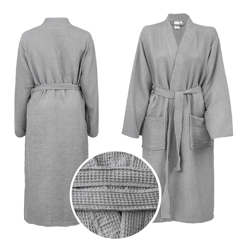 Szlafrok_Waflowy_Kimono_Szary_Unisex_Dlugi_Miekki_Certyfikat_-_Rozmiar_M